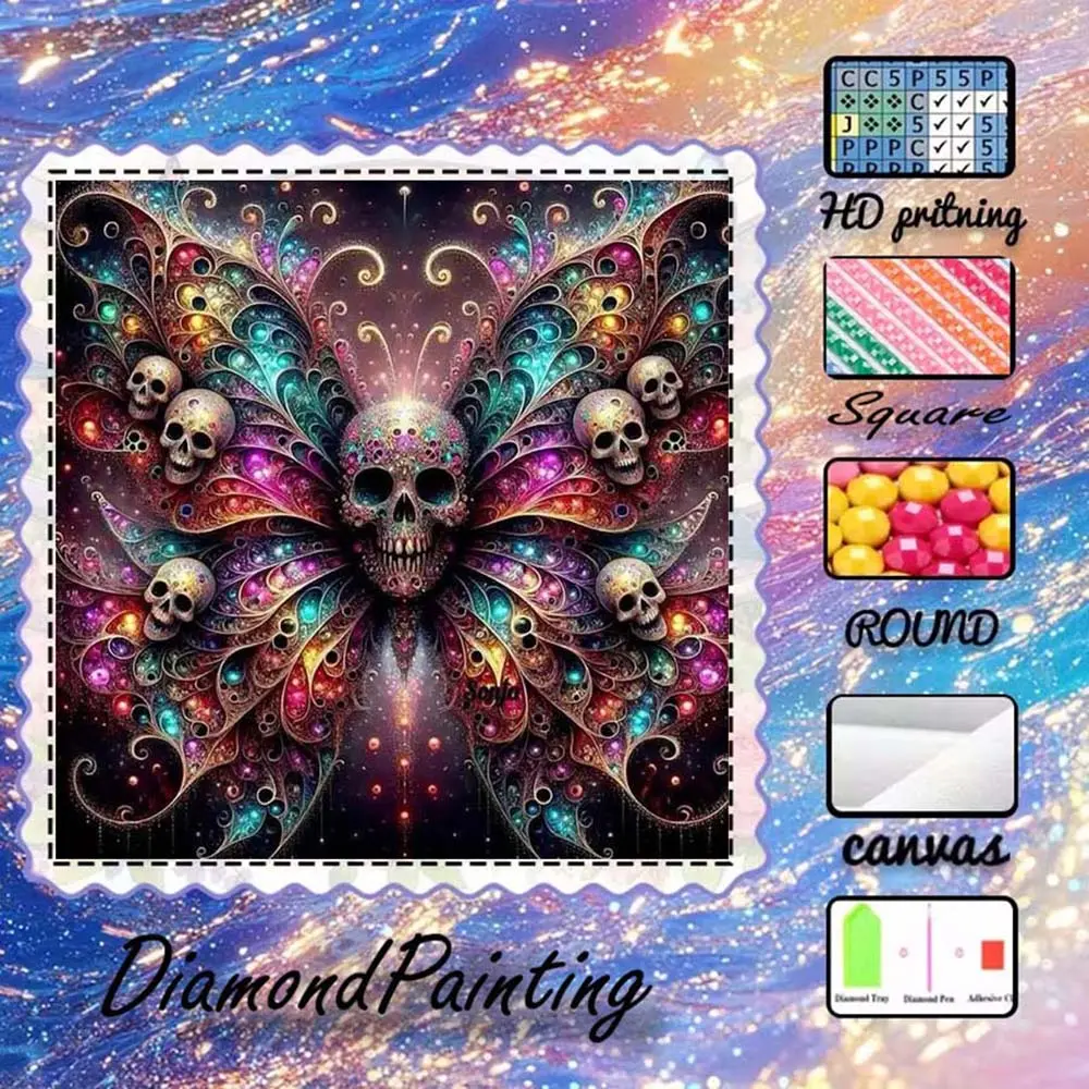 DIY 5D flocking cloth diamond painting kit, AB drills, crystal drills, skull, butterfly, Skull embroidery design, colorful diamond embroidery, diamond art kit, wall decoration, gift for family, friends, Diamond Art Tools