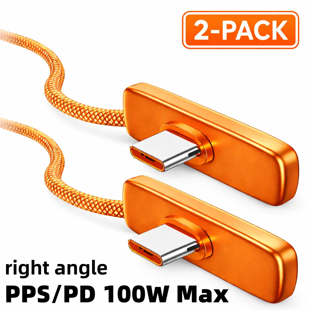 2-Pack Durable Braided 90° Right Angle USB-C Connector Fast Charging Cable for Samsung Galaxy S24 Ultra, S23 Ultra, Z Fold 6, Galaxy Tab, Android Mobile Devices - PD/PPS Compatible, Up to 100W Gaming Charger