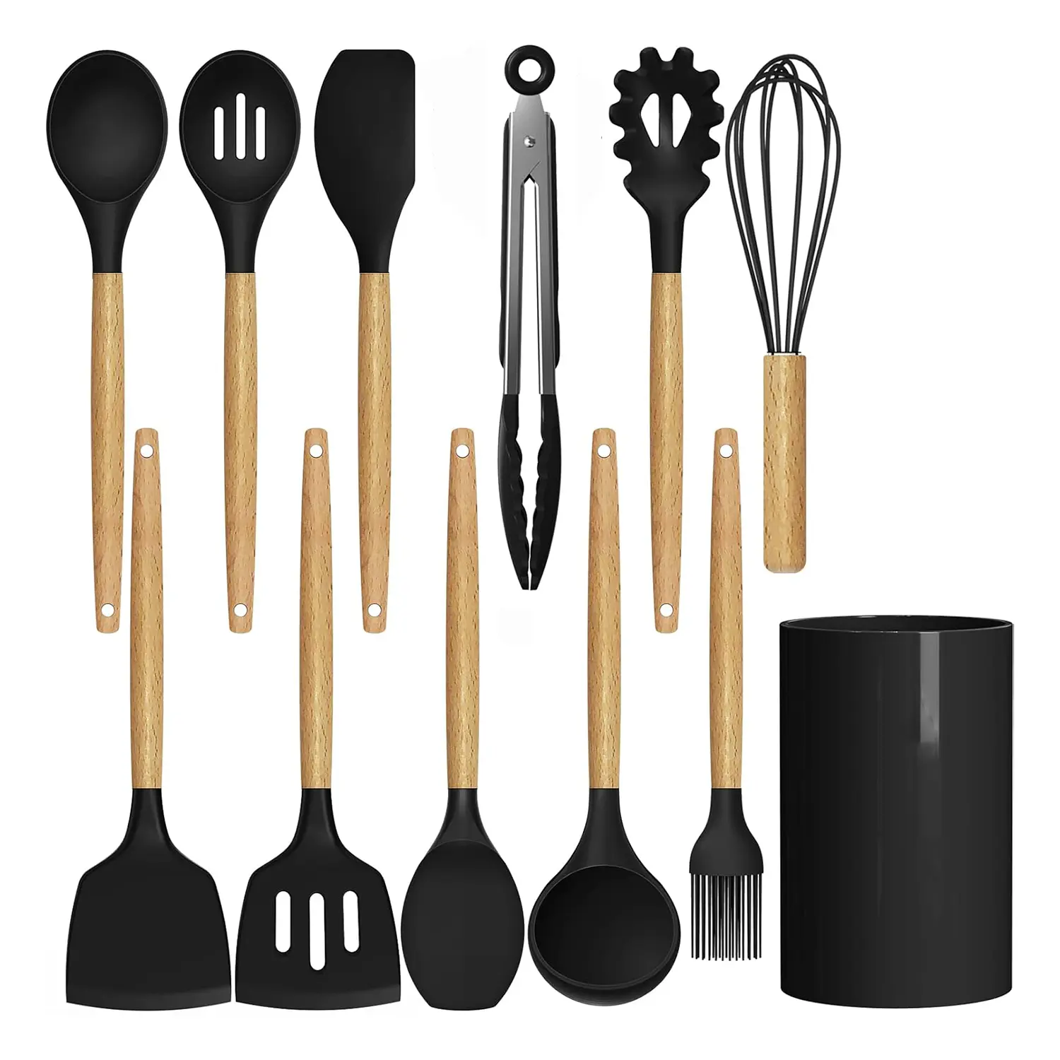 Kitchen Utensils Set,Kitchen Cooking Utensils Set,Spoon,Spatula,446℉ Heat Resistant 12-pcs Non-stick Food Grade Silicone and Wooden Handles,Kitchen Tools Set