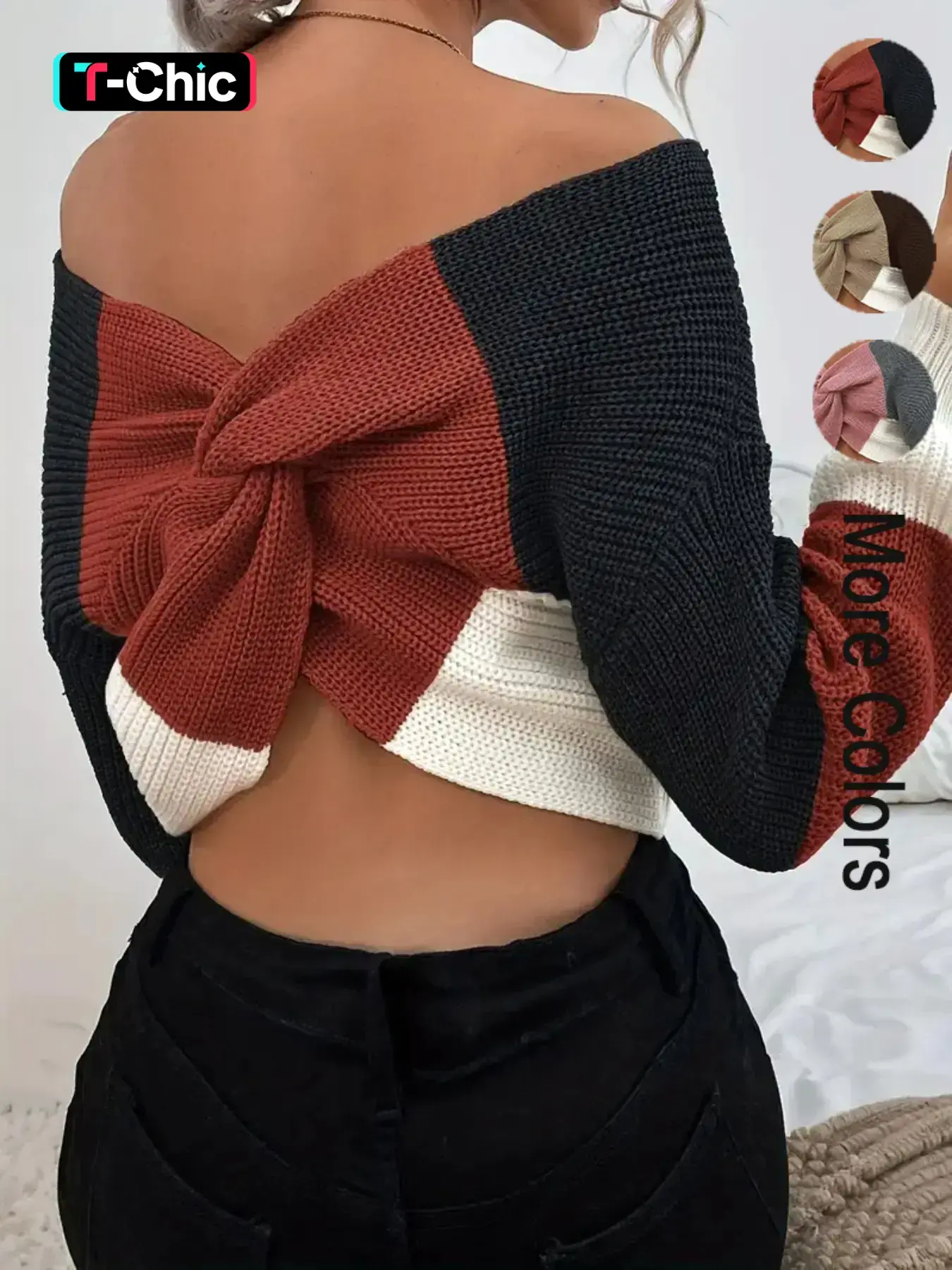 Elegant Off-Shoulder Colorblock Knit Sweater Top, Casual V Neck Twist Design, Spring & Fall Fashion, Fitted Medium Fabric, Knitwear, Vneck Knit Top