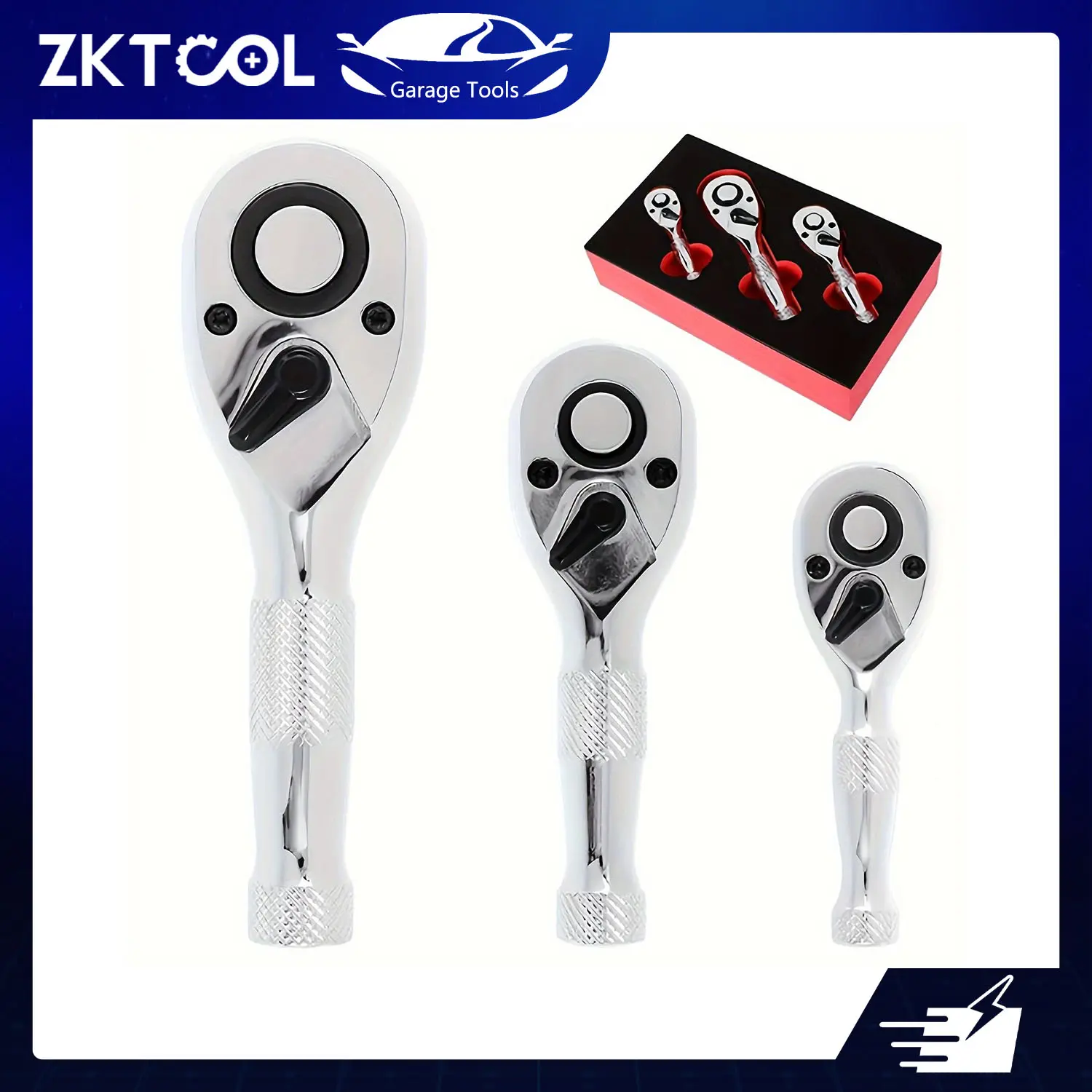 ZKTOOL 3-Piece Multifunctional Ratchet Wrench Set - 72-Tooth Reversible Quick Release, 1/4in, 3/8in, 1/2in Stubby Handles, Compact Portable Heavy-Duty Mini Ratchet Hand Tools for Automotive Repair, Ratchet Spanner Set