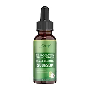 Airboy Soursop Drops, a 10-in-1 nutritional drop formula, fortified with seaweed, moringa, turmeric, and black seed oil to support immune and digestive function. 2 fl oz.