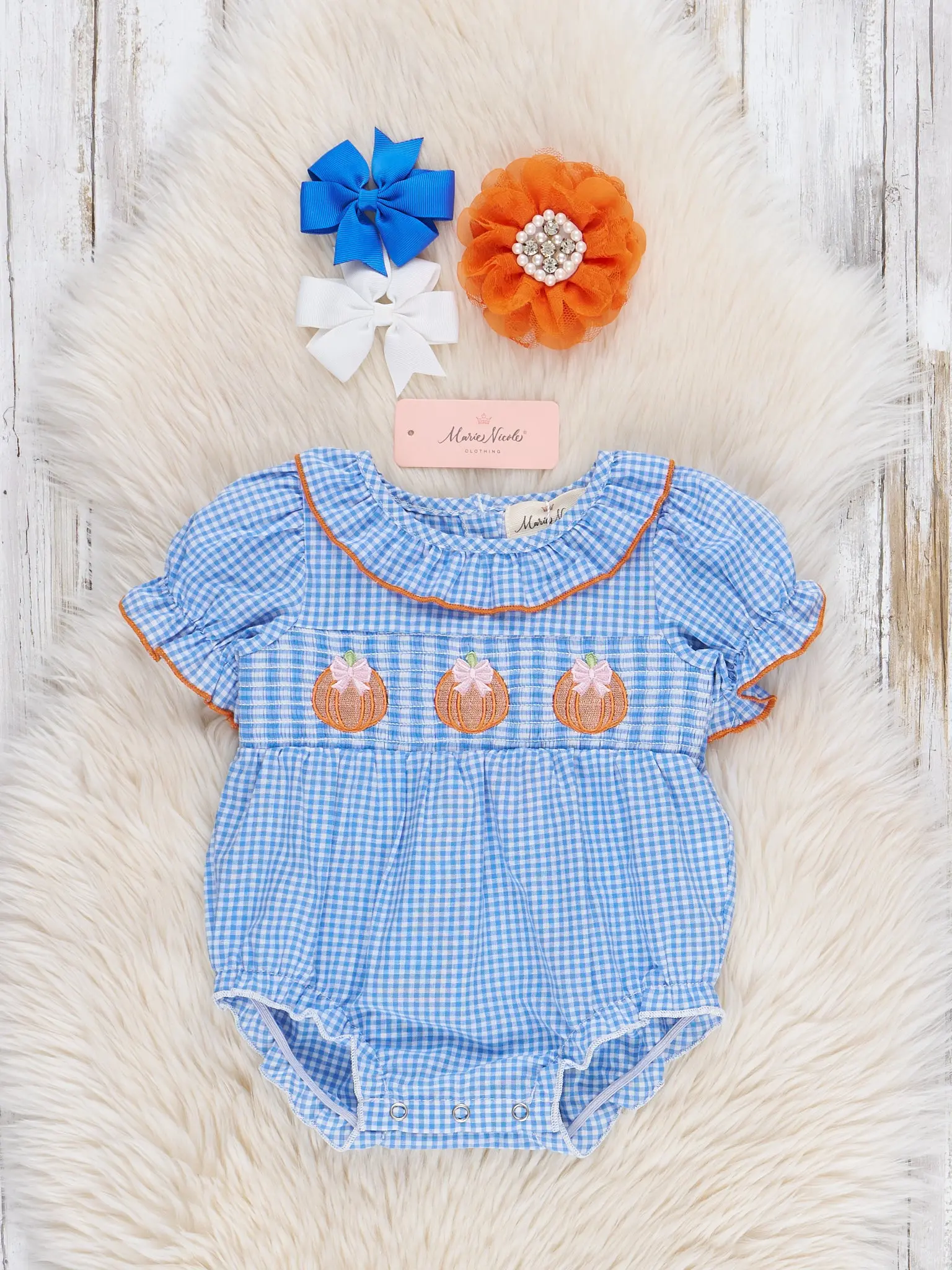 Pumpkin Posh Cutie Embroidered Smocked Bubble Romper