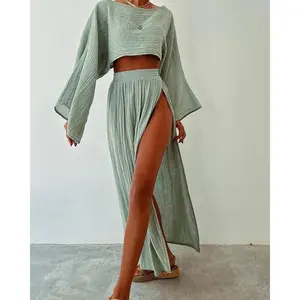 Linen Blend Crop Top Set Women's Vacation Outfit High Waist Split Hem Breathable Daily Wear(Sheet)