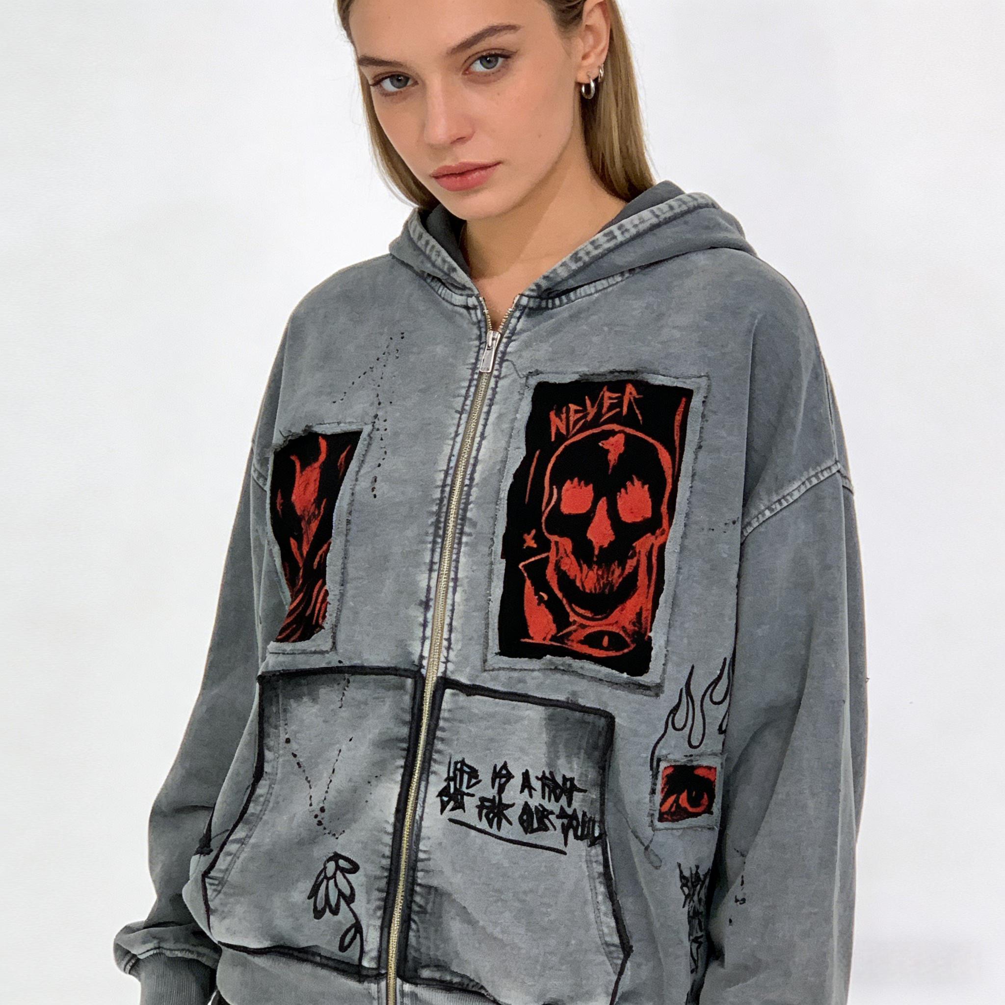 Vintage Washed Grey Oversized Zip Up Hoodie, Gothic Skull Demon Graphic Print Streetwear, Y2K Grunge Embroidered Patchwork Jacket, Punk Harajuku Casual Sweatshirt for Men Women