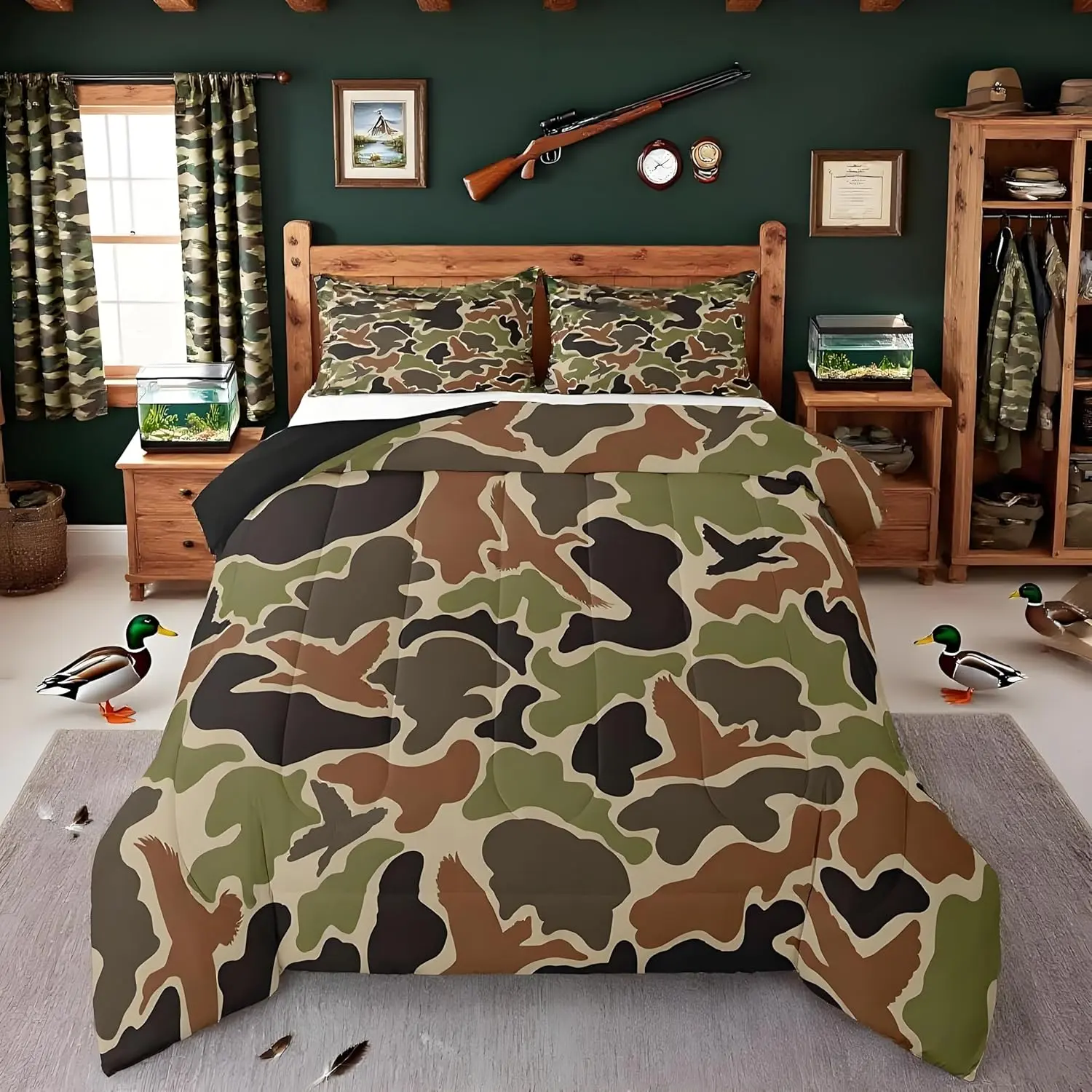 Feelyou Duck Hunter Green Camouflage Queen Comforter Set - Black Brown Camo Army Microfiber Bedding, Soft Breathable Wild Duvet, Decorative Bedding, Bedroom Gift, Decorative Bedding Set,back to school,back to school shopping,home decor