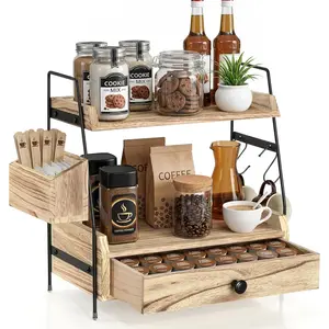 Coffee-Bar-Station-Organizer Shelf With Drawer for Countertop, multi-purpose 2 Tier Kitchen Counter Shelf Riser, bathroom Wooden Spice Rack Organizer, Coffee Bar Accessories storage durable makeup multi-function