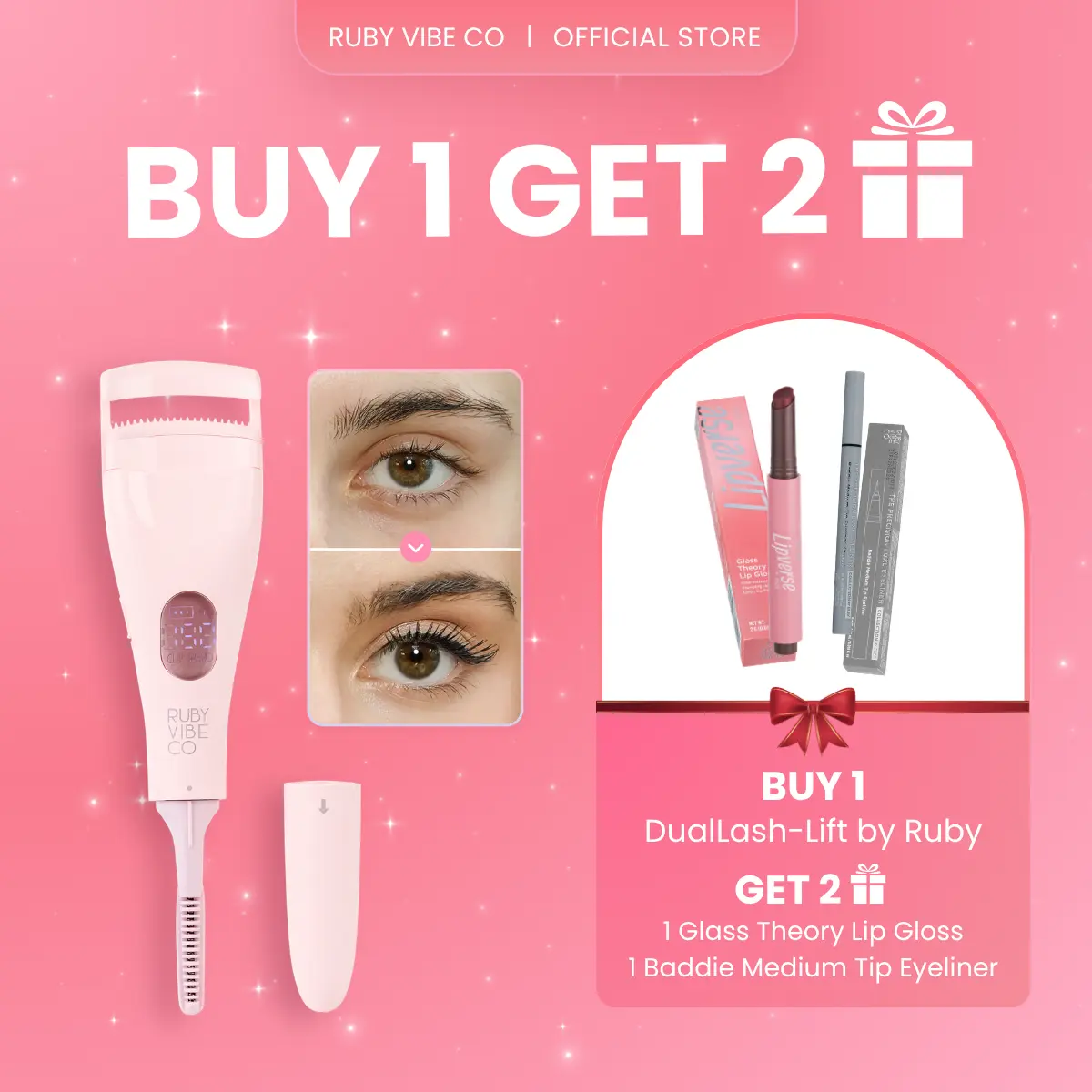 RUBY VIBE CO DualLash-Lift Heated Eyelash Curler & Defining Lash Wand, Electric Lash Curler, Portable Travel-Friendly Pink Fast Heating Tool