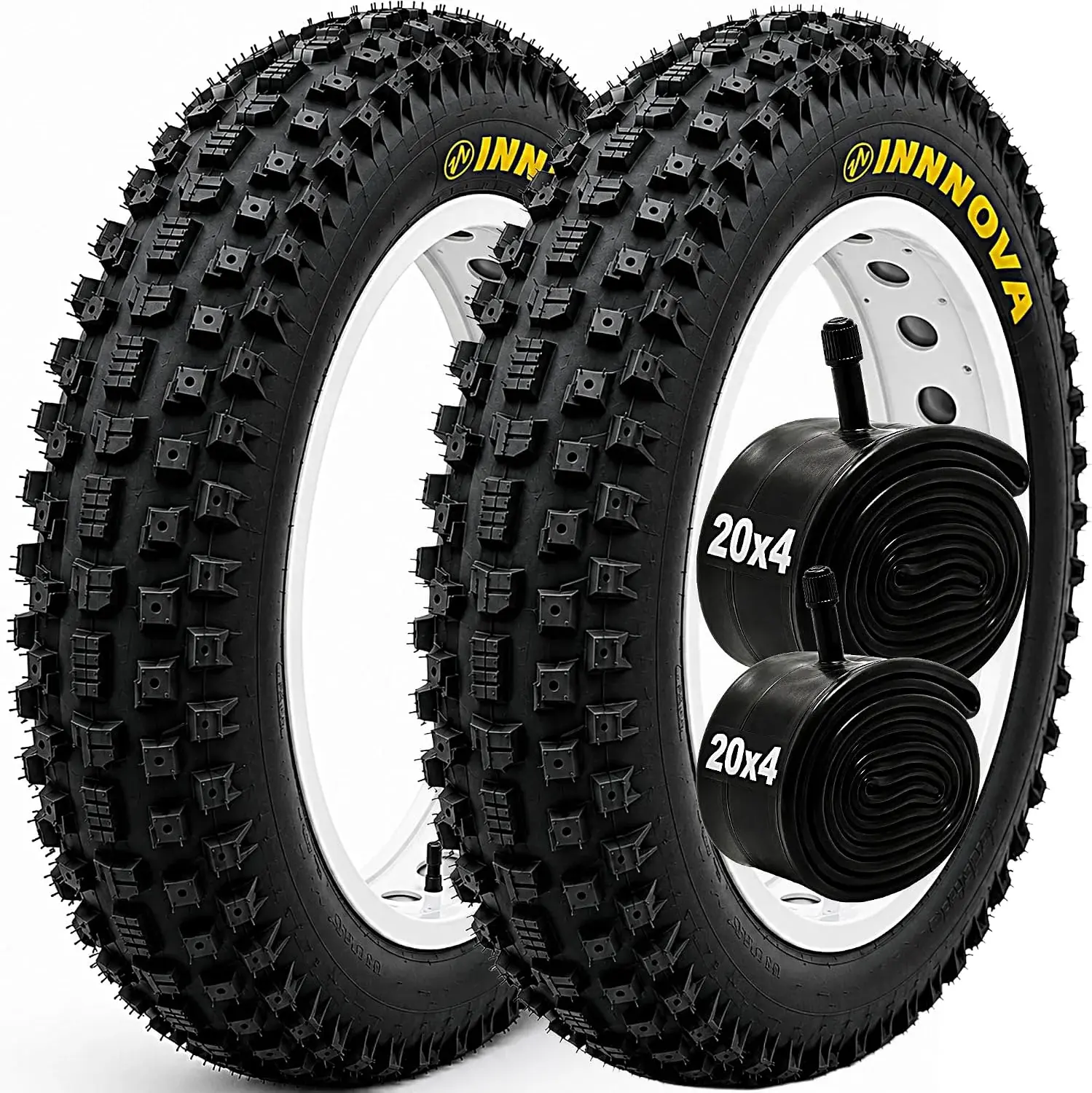 Fat Bike Tire and Inner Tube Set for Youth Aggressive Bicycles, 20x4 or 26x4 All-Terrain Design Knobby E-Bike Tires with Schrader Valve Tubes, Heavy-Duty Tight-Fit Replacement for Mountain, Snow Use