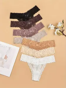 Women's 7pcs Contrast Lace Floral Sheer Nylon Thong, Soft Comfy Breathable Fit Everyday Contrast Mesh Knicker for Daily Wear, Fashion Feminine Underwear Panties for All Seasons Fitted Panty