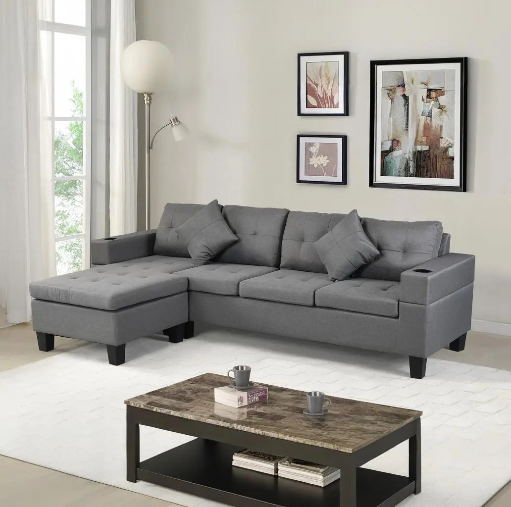 Modern L-Shape Sectional Sofa Set for Living Room with Chaise Lounge, Cup Holder, Left or Right Hand Chaise, 4-Seat Upholstered Couch, Faux Linen Grey, Family Room Furniture, Living Room Furniture for Apartment, Lounge, Family Room