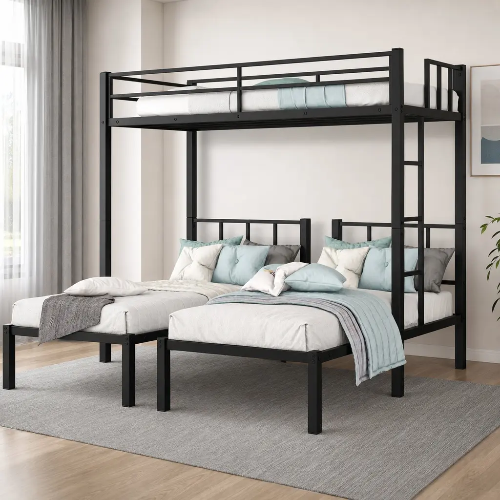 Metal Triple Bunk Bed Frame Detachable 3-in-1 Twin XL Top Twin Lower Bunks Heavy Duty Squeak-Free Noise-Free Frame with Guardrails Ladder for Bedroom Dorm Guest Room Black, Twin Size Options, Black Color Options, Metal Material