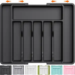 Silverware Drawer Organizer, Expandable Utensil Tray for Kitchen, BPA Free Flatware and Cutlery Holder, Adjustable Plastic Storage for Spoons Forks Knives, Large, Black Racks