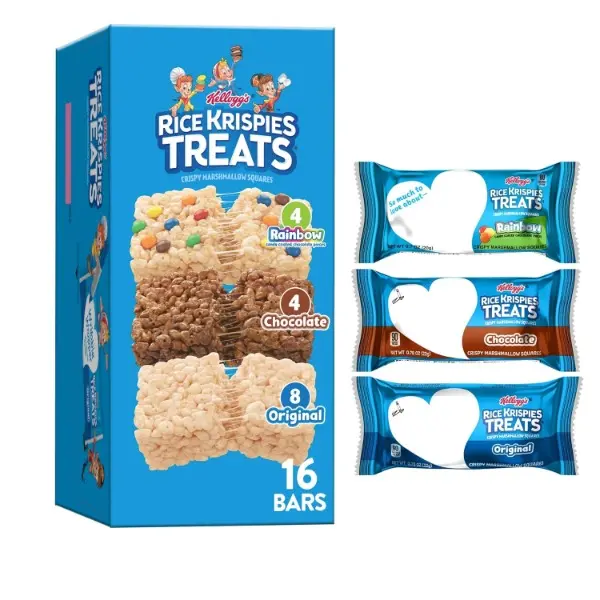 Chewy Halal Malt Flavor Rice Chocolate Crispy Marshmallow Cereal Bars Variety Pack - 12.1oz Box, 16 Bars, Assorted Packaged Snack Foods for Kids' School Lunchboxes