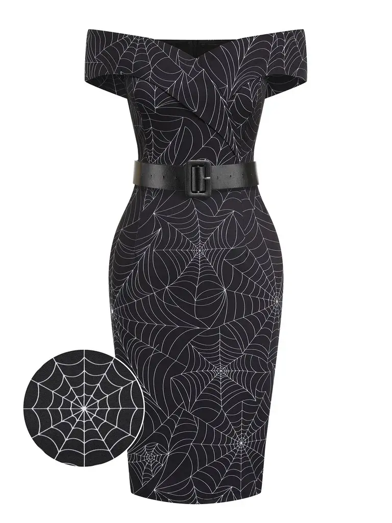 RETRO STAGE Women's Vintage 1960s Off-Shoulder Swing Dress with Spider Web Pattern, Elegant Witchy Party Apparel for Ladies, Lady, 1960S Outfit Ideas, Dark Gothic Casual Dresses, Edgy Casual Dresses