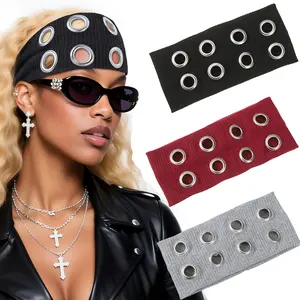 AWAYTR Women Y2K Hollow Out Eyelets Elastic Headband Punk Grunge Fashion Wide Headband Grommet Eyelet Design Hairband Black Stretchy Head Bands for Girls