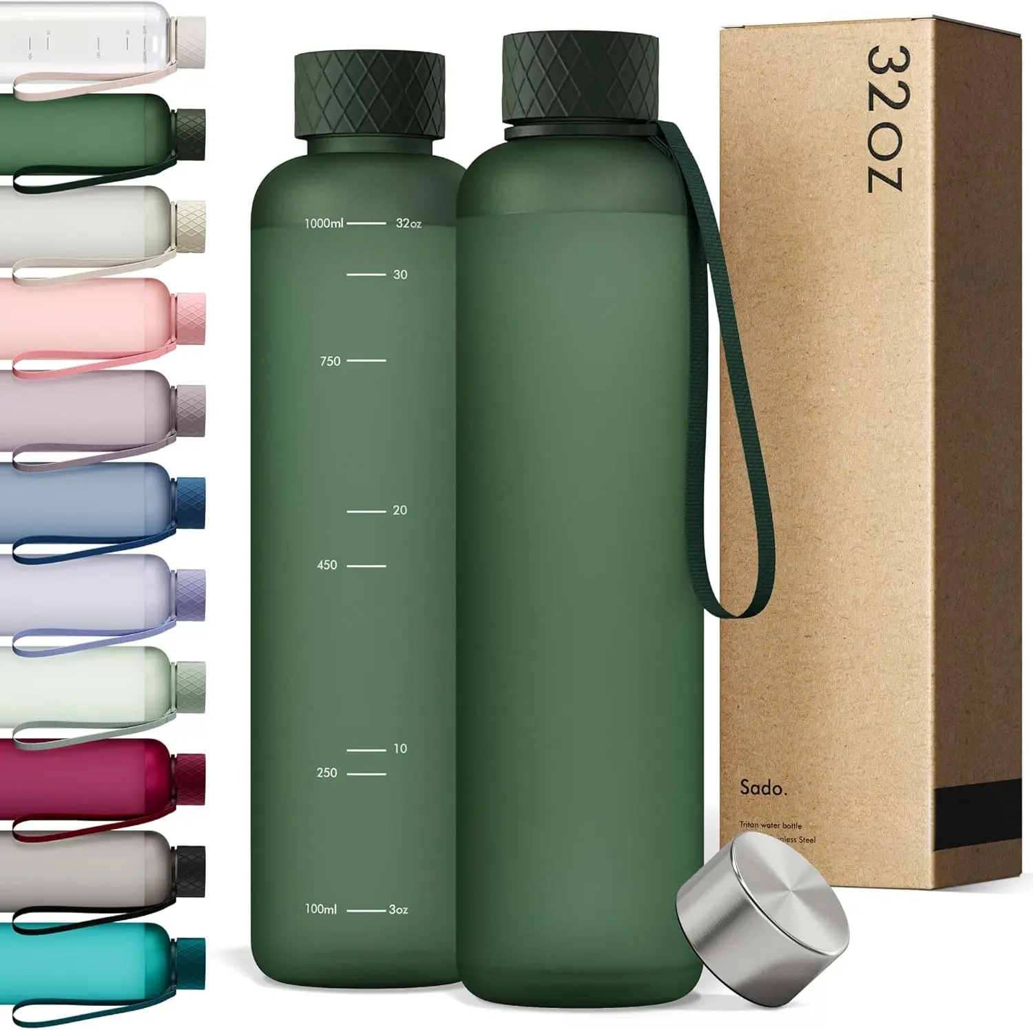 Slim Water Bottle 32oz [Lightweight & Shatterproof] Fits Backpack & Cupholder for Travel, , School, Gym - Dark green water bottle no straw - Gym water bottle screw top - Dishwasher Safe