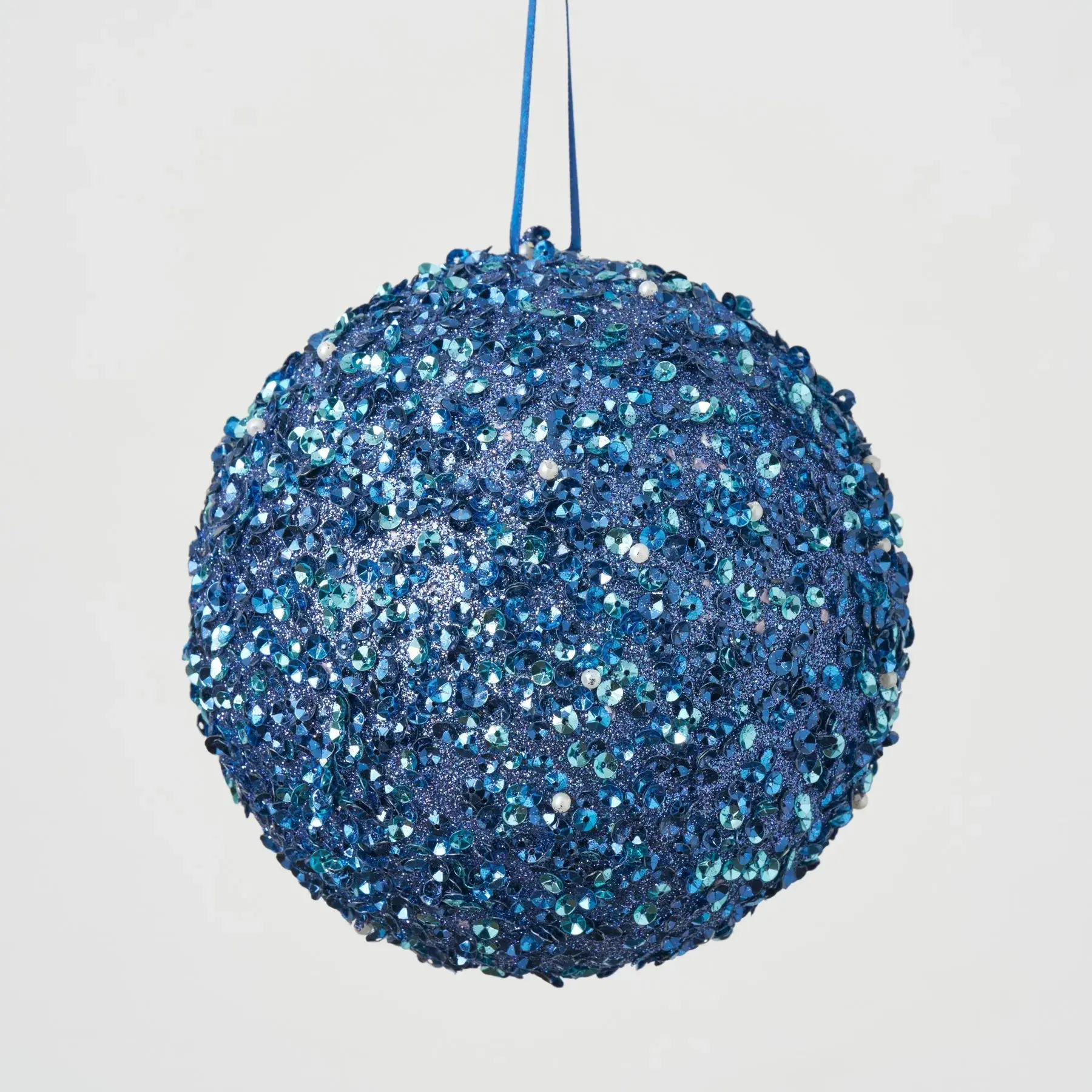 Large Blue Beaded & Sequin Adorned Christmas Ball Ornament - 6"