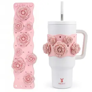 DIY Silicone Cup Sleeve, 40oz Tumbler Water Bottle Accessory & Decorative Cover, Soft Reusable Protector to Prevent Scratches, Easy Install with 9 Flower Charms for Most 40oz Tumblers