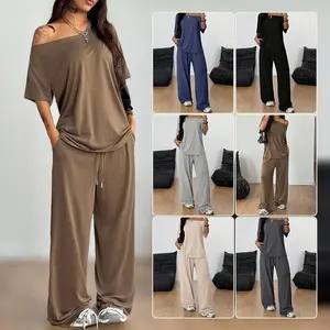 Women Off-Shoulder 2 Piece Set, Oversized Top and Wide Leg Elastic Drawstring Pants