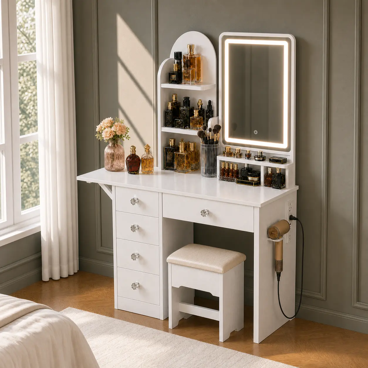 【SMALL-SPACE READY】 LIKIMIO Vanity Desk with Mirror and Lights, Makeup Vanity with Stool for Small Spaces, 5 Drawers & Open Storage, 3-Color LED Lighting, Power Outlet & USB Ports, Foldable Side Shelf for Bedroom, White
