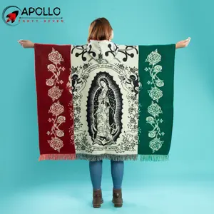 Authentic Hand-Woven Poncho (Unisex) - Mexican Flag/Virgin Mary Design Jackets