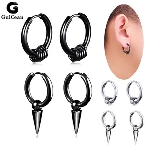 GulCean Spike Dangle Hoop Earrings For Men Women 316l Stainless Steel Silver Black Trendy Cool Edgy Punk Rock Hippie Kpop Goth Gothic Rivet Spikes  Drop Spiked Small Hoops Huggie Earrings Set Non Tarnish jewelry Birthday Gifts for gf bf Hypoallergenic