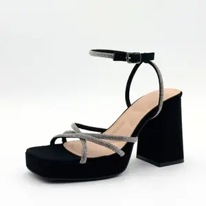 Rhinestone Cross-Strap Platform Heels - Chunky Block Heel, Square Toe Sandals