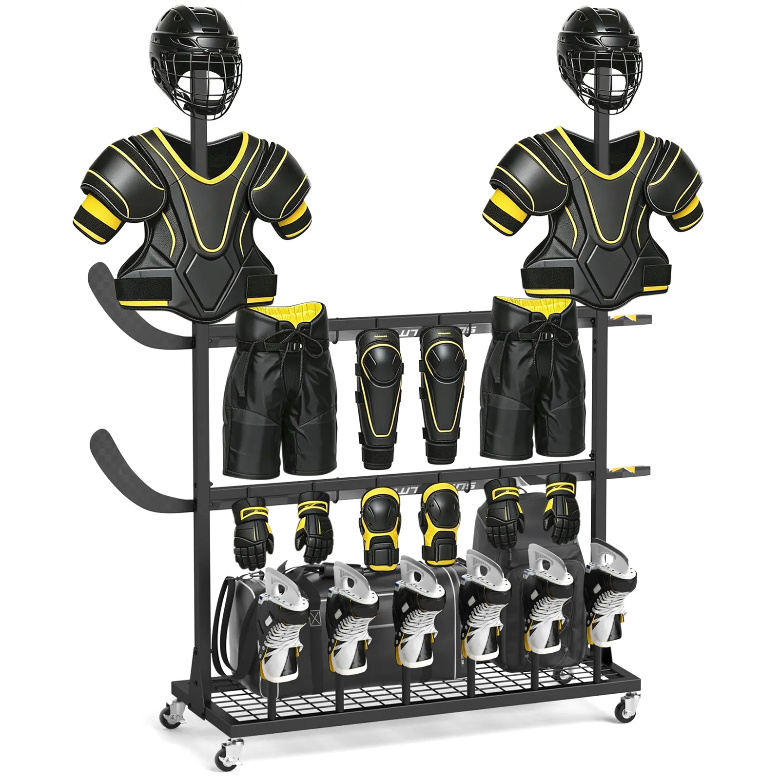 Heavy-Duty Metal Rolling Hockey Gear Drying Storage Rack with Shelf, Organiser, Multiple Hooks, Skate Holders & Lockable Wheels – Dries Gear Fast for Home, Garage, Open Ventilated