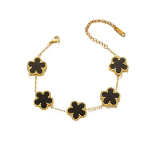 Double-Sided Titanium Steel Five-Leaf Clover Bracelet for Women, Non-Fading, Fashionable and Cute Five-Leaf Clover Jewelry