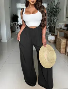 Women's Drawstring Tie Back Wide Leg Pocket Suspender Pants Casual Loose Fit Jumpsuit for Summer, Adjustable Design, Day Wear, Solid Color pants women linen pants