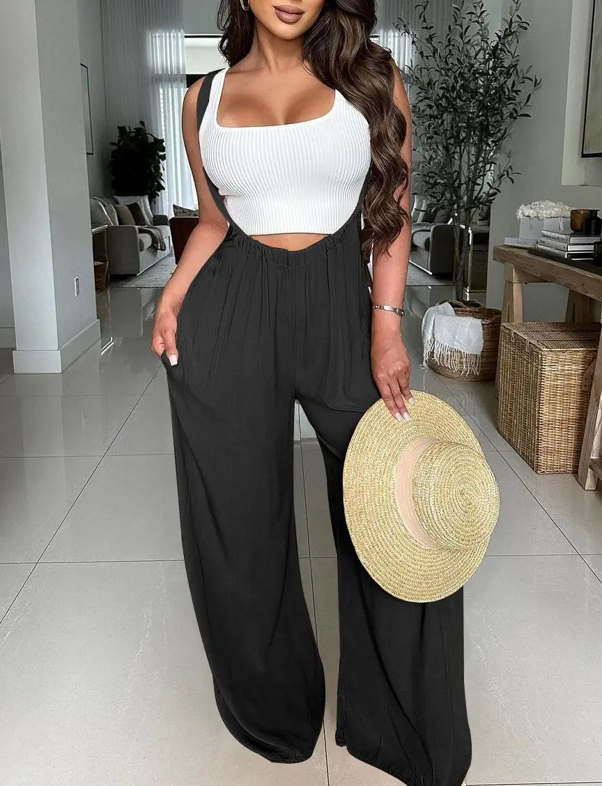 Women's Drawstring Tie Back Wide Leg Pocket Suspender Pants Casual Loose Fit Jumpsuit for Summer, Adjustable Design, Day Wear, Solid Color pants women linen pants