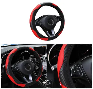 Car Steering Wheel Cover, 15 inch Carbon Fiber Microfiber PU Leather Elastic Steering Wheel Protector for Men Women, Anti-Slip Breathable Car Interior Accessories for Most Cars (Red)