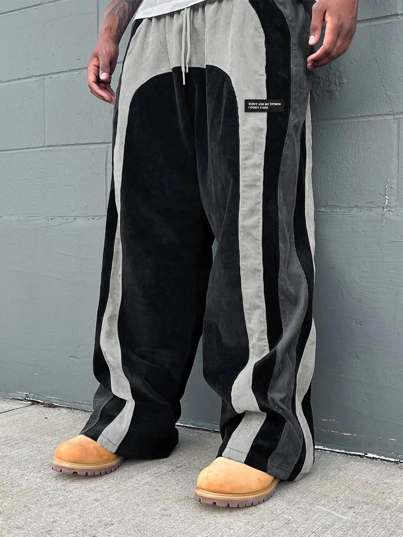 Father's Day Gift，Men's Colorblock Letter Patched Drawstring Waist Corduroy Baggy Pants, Classic Streetwear, Loose Casual Comfy Straight Leg Trousers for Daily Wear, Fashion Men's Bottoms for All Seasons, Menswear