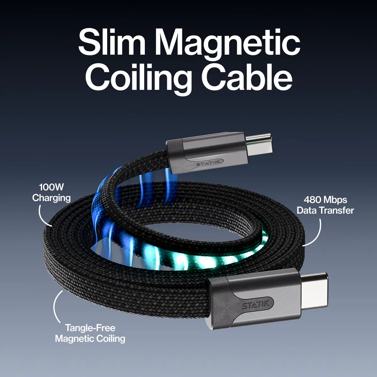 STATIK MagStack Slim: Cable 100W Fast Charge 480Mbps Data 10,000 Bend Braided Nylon Magnetic Auto-Coiling for Laptops Tablets Phones