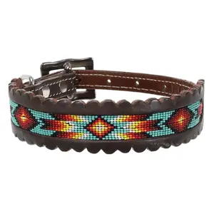 Flame Beaded Leather Dog Collar