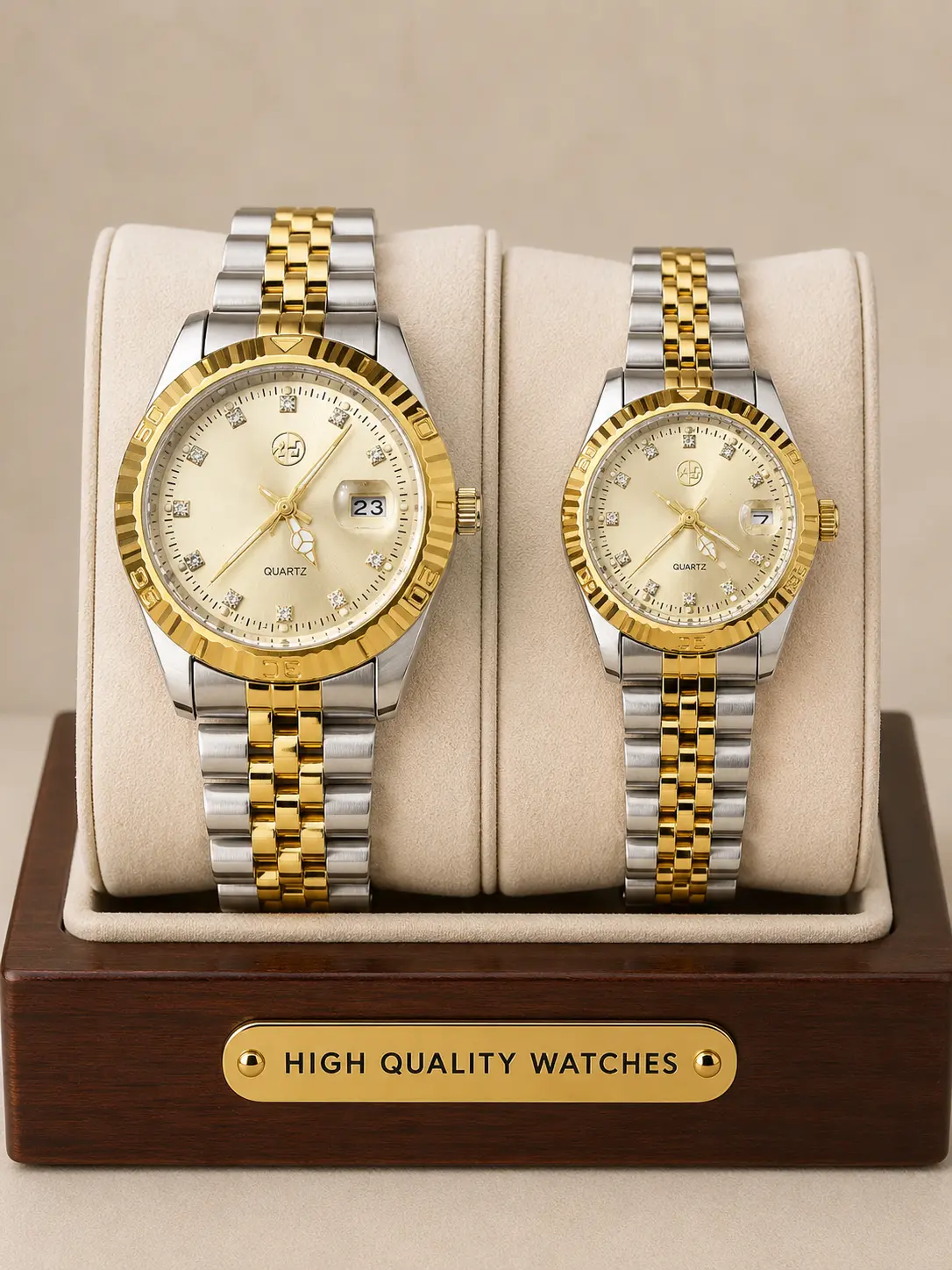 Two Tone Stainless Steel His & Her Watch Set – Gold Face CZ Edition
