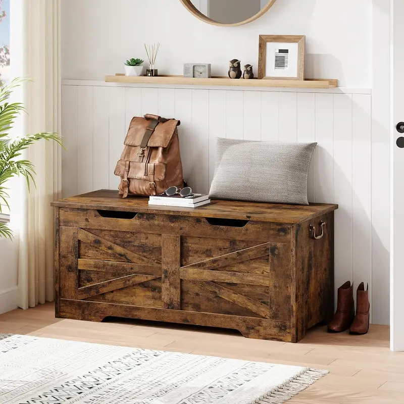 GARVEE Rustic Solid Wood Storage Chest - 39.4" Farmhouse Bench with Safety Hinge, 350 lb Capacity for Entryway, Bedroom, Brown Indoor Furniture