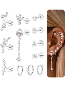 12Pcs Helix Piercing Surgical Steel Jewellery for Women Gold Silver Hoop Earcuff Cartilage Earrings Set Flat Back Stud Earring Cubic Zirconia Hypoallergenic Earrings Conch Daith Tragus Rook Piercings