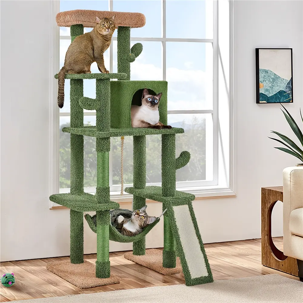 Yaheetech 63"H Tall Cactus Cat Tree Home Accessory - Multi-Level Indoor Cat Tower with Sisal-Covered Scratching Posts, Condo, Hammock Activity Center for Kittens