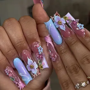 24 Pcs Macaron Color Long Square Nail Tips, 3D Floral Star Leopard Decor, Glossy False Nails, Reusable, Includes Jelly Glue & File