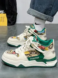 Men's White-Green Bear Print Platform High-Top Sneakers: Leather Splicing + Height-Increasing Anti-Slip, Walking Shoes, Trendy Casual Athletic Sports Shoes