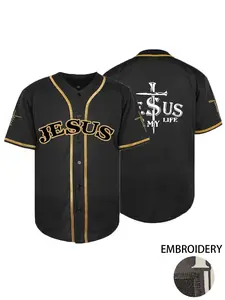 Men's "JESUS" Stitched Baseball Shirt, Casual Short Sleeve V-Neck Comfortable Breathable Baseball Jersey, Button Front T-Shirt, Outdoor Sports & Games, Parties,Unisex, All Seasons