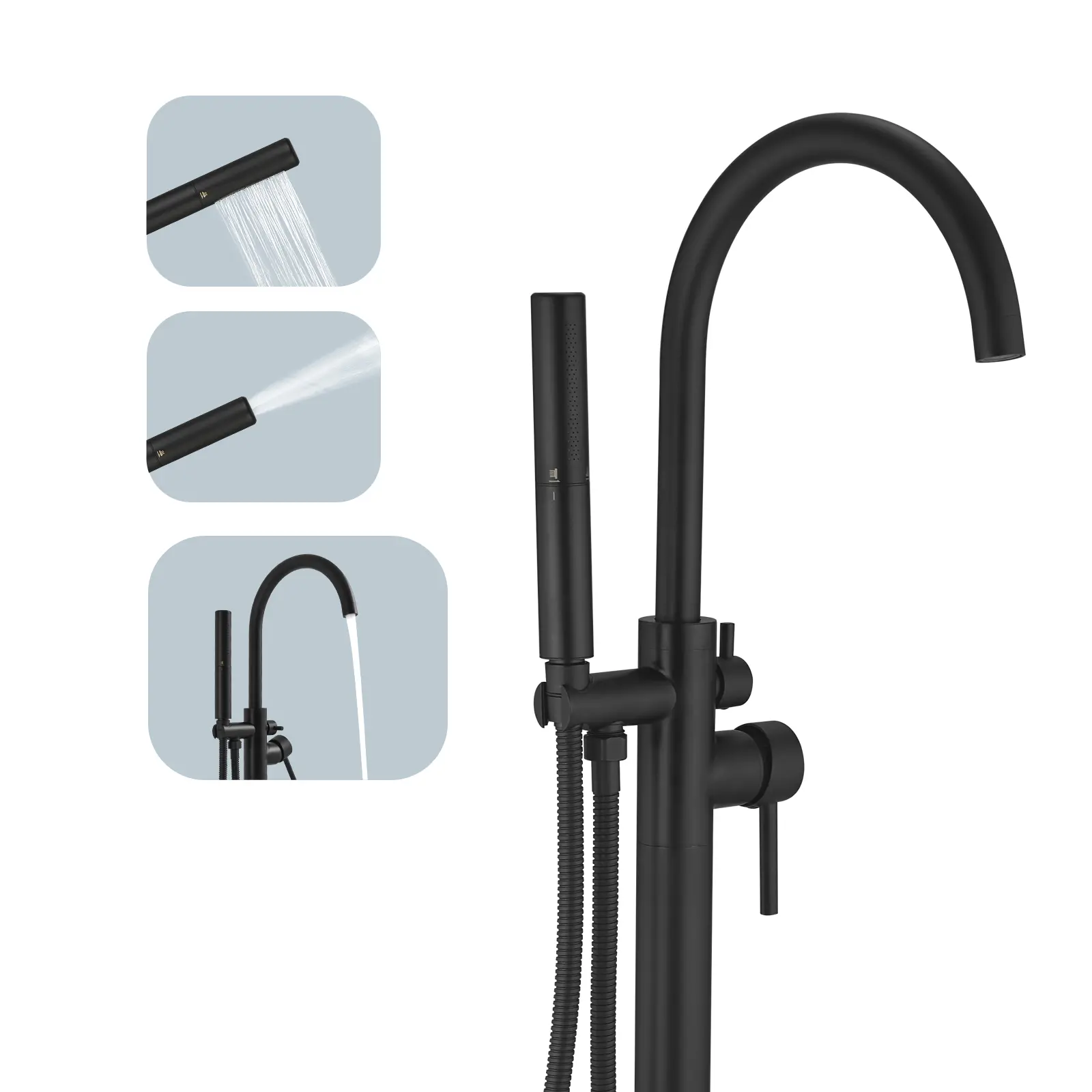BESy Freestanding Bathtub Faucet Tub Filler Floor Mount Stand Brass Bathroom Tub Faucets with 2 Function Hand Shower Wand Swivel Spout, Matte Black Finish, Floor Mount Shower Taps, Matte Black Shower Taps