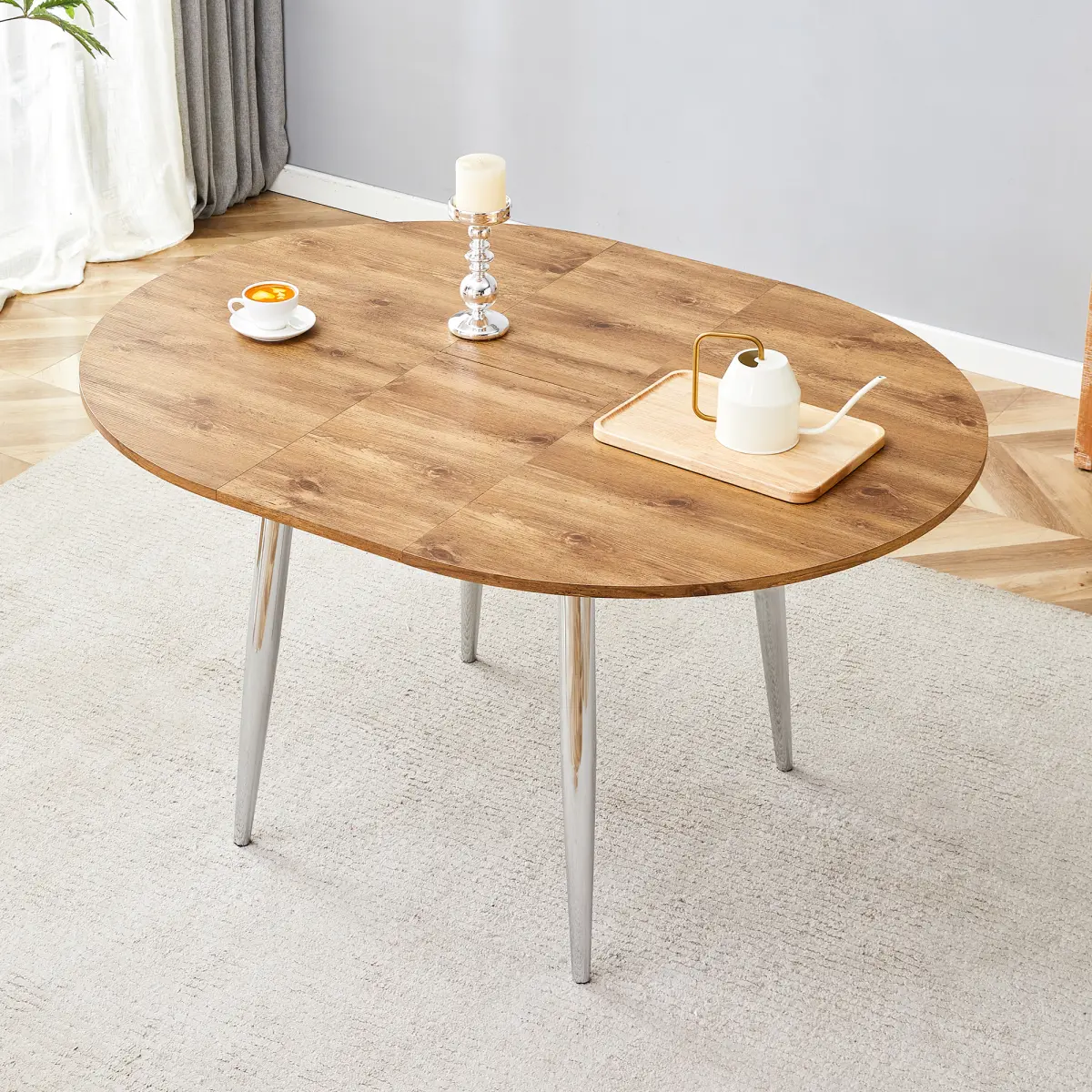 High-Quality MDF Oval Retractable Extendable Coffee Table - Wood Grain Tabletop, Silver Metal Legs, Smooth Easy-to-Clean Surface, Space-Saving Family-Friendly Indoor Furniture, 54.23 lbs, Assembly Guide Included for Family Dinners, No Excessive Bulk, Dini