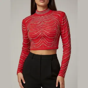 Women's Vera Blouse Shirt - Red Sequin-Embellished Long Sleeve Crop Top, Elegant Lady Style for Coordinating with Bottoms