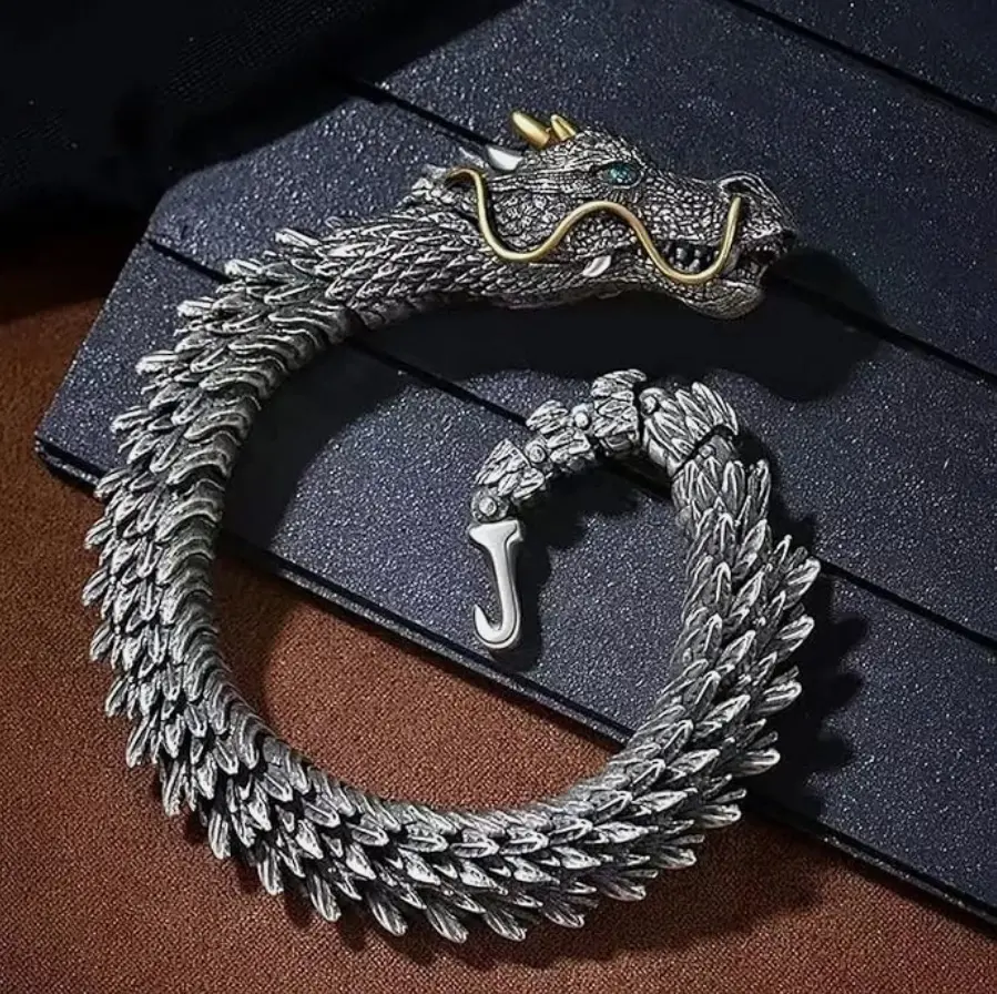 Men's Viking Dragon Stainless Steel Scale Chain Cuff Bangle - Wristband, Chunky Chain Style, Solid Copper Build, Punk Costume Jewelry with Upgraded Steel Clasp for Security, Bracelet Wristband, Chunky Chain Bracelet