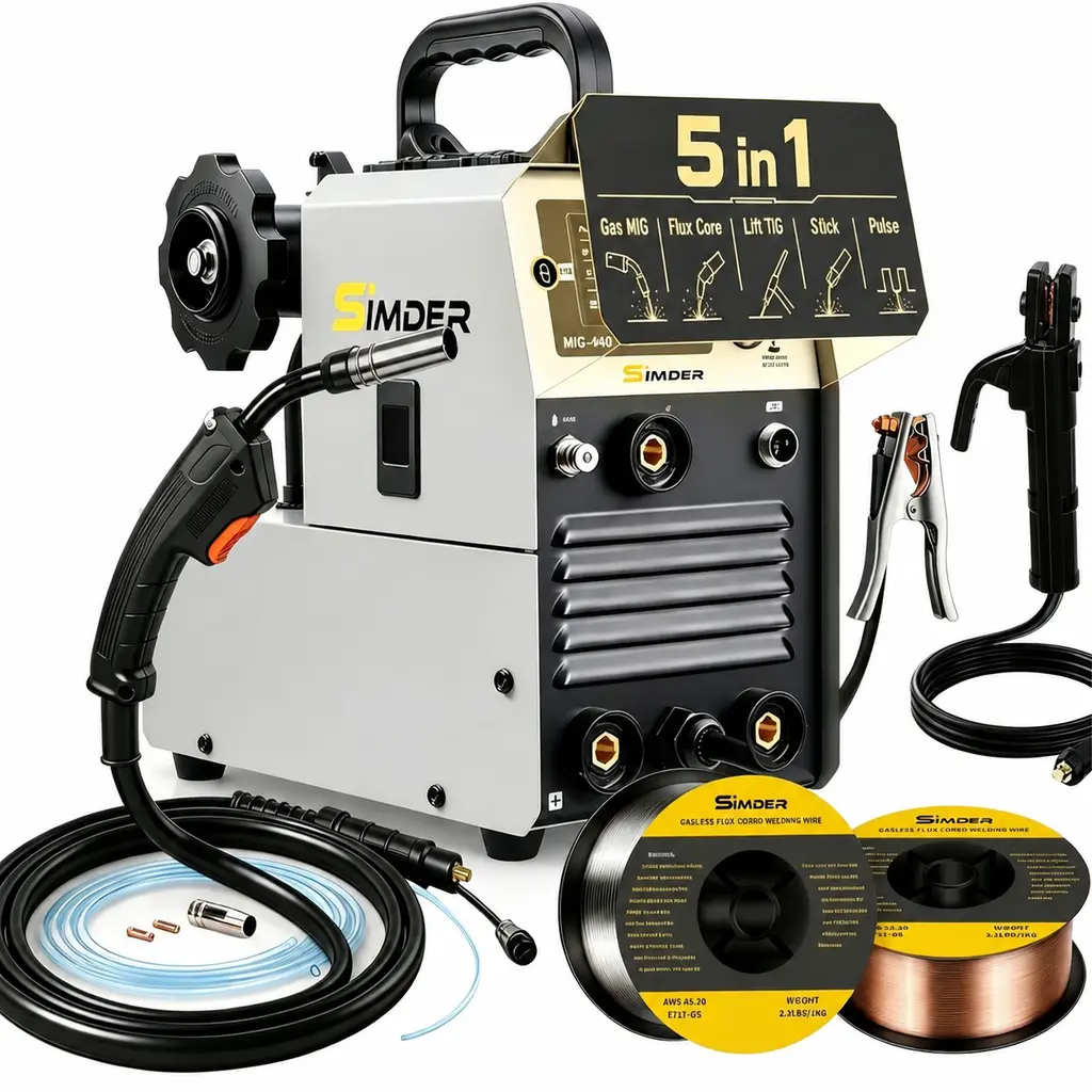 140A 5-in-1 Multipurpose MIG Welder Full Kit - Pulse Spot, Flux Core, Lift TIG, Stick Welding Machine, Dual Voltage   IGBT Inverter Welder, Supports 10lb Wire Spool, Metal Welding for DIY Users, Home Garage, Auto Repair
