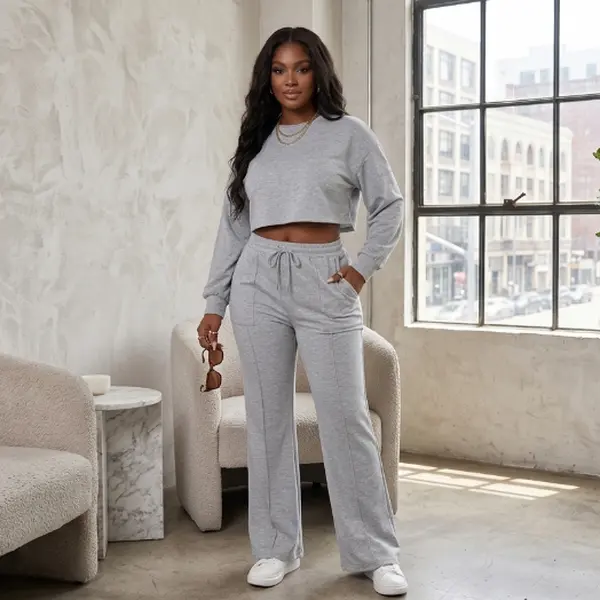Women's 2-Piece Polyester Tracksuit - Heather Grey Minimalist Lounge Set, Comfortable Long-Sleeve Cropped Hoodie Sweatshirt, High-Waisted Wide-Leg Sweatpants for Everyday Chic Streetwear