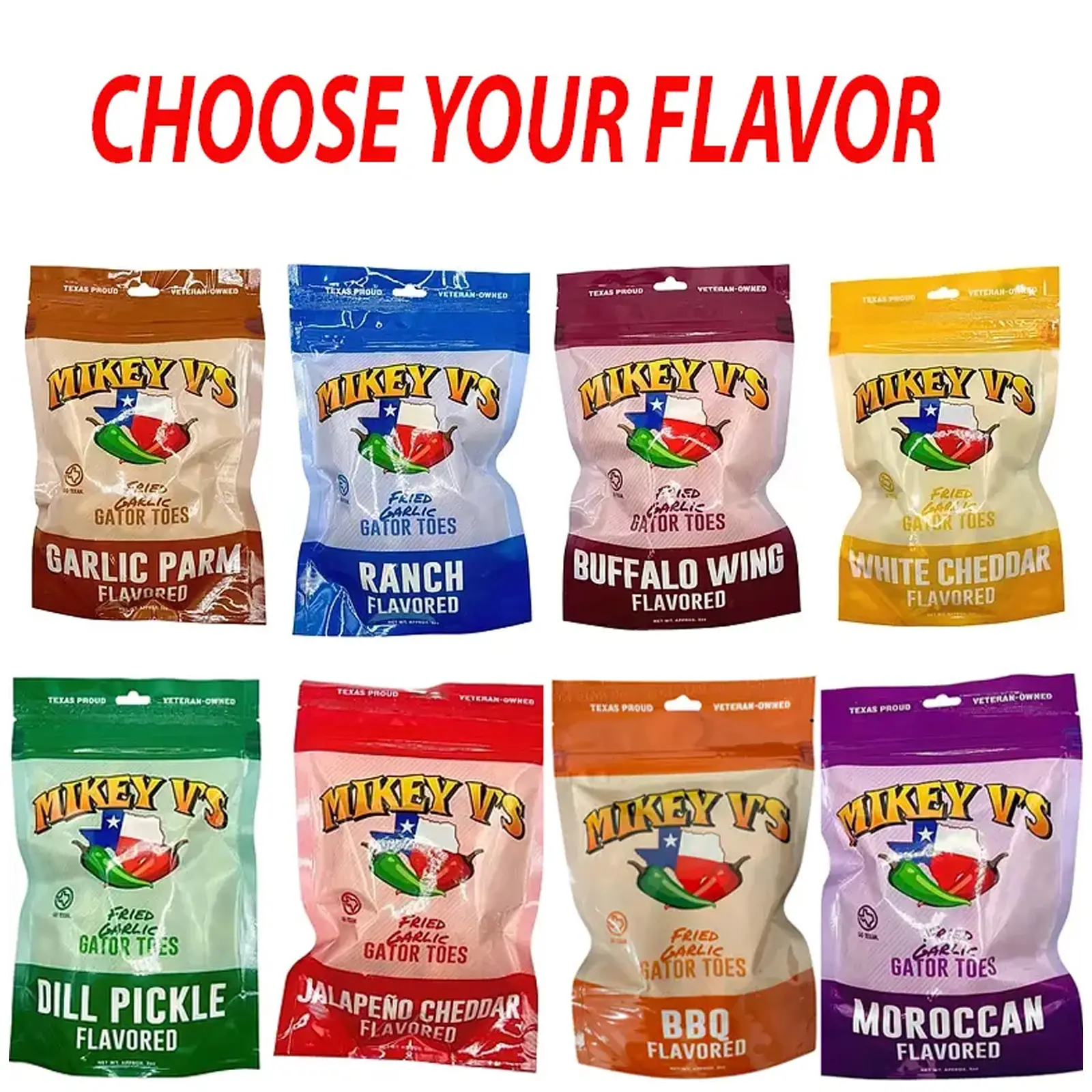 Mikey V's Fried Garlic (11 Flavors) Gator Toes 3oz Bag, Dill Pickle, Garlic Parmesean, Buffalo, Ranch, White Cheddar, BBQ, Jalapeno Cheddar, Spicy, Chile Lime, Moroccan Snack Crispy Chips